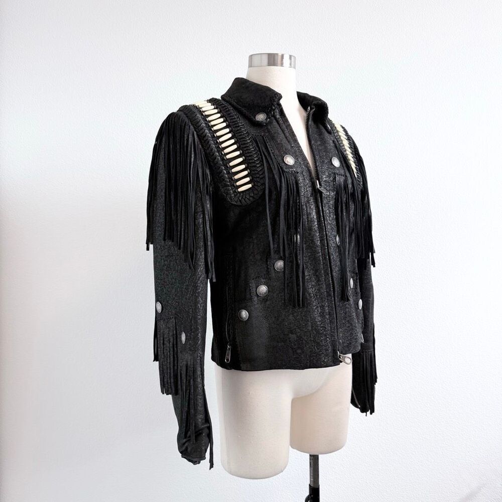 Tribe America Black Leather Fringe Suede Jacket Coat Small Concho Beaded